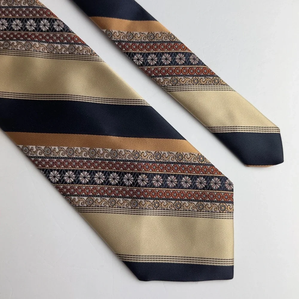 Vintage Damon Mens Tie Navy Gold Rust Striped Floral Brocade 70s Wide Polyester